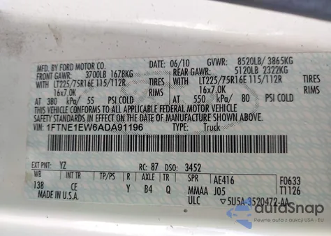 2010 Ford E-150 Commercial/Recreational from USA, damaged, VIN 1FTNE1EW6ADA91196